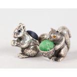 TWO NOVELTY SILVER MINIATURE SQUIRREL PIN CUSHION.