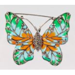 A LARGE SILVER, ENAMEL AND MARCASITE BUTTERFLY BROOCH.