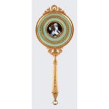 A SUPERB LIMOGES ENAMEL AND ORMOLU FRAMED HAND MIRROR with oval portrait of a young girl. Enamel 1.