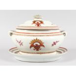 A SAMSON OF PARIS ARMORIAL OVAL TWO-HANDLED TUREEN, COVER AND STAND. 12ins long.