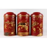 THREE GOOD TEA TINS with Chinese decoration. 15ins high.