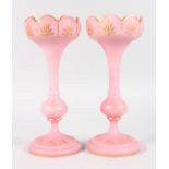 A PAIR OF VICTORIAN FROSTED GLASS LUSTRES with gilt anthemion decoration, 11ins high, along with a