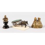 A DONKEY PULLING A CART SALT, a miniature basket and a brass Dutch bell (3).