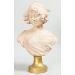 A GOOD AUSTRIAN TERRACOTTA BUST of A YOUNG LADY, on a gilt pedestal. Signed. No. 2320. 16ins high.