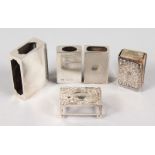 FIVE SILVER MATCHBOX HOLDERS.