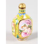 A YELLOW CANTON ENAMEL SNUFF BOTTLE painted with panels of young ladies.