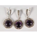A PAIR OF SILVER AMETHYST EARRINGS AND PENDANT.