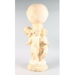 A SUPERB FRENCH MARBLE AND ALABASTER LAMP, as three young cupids holding a globe and standing on a