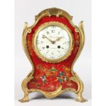 A GOOD LOUIS XVI DESIGN RED LACQUER MANTLE CLOCK by REVEL A. PARIS, with eight-day movement, stand