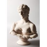 A GOOD CARVED WHITE BUST OF DIANA. 14ins high.