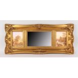A LONG GILT FRAMED OVERMANTLE MIRROR with bevelled mirror and two Italian scenes. 36ins long,