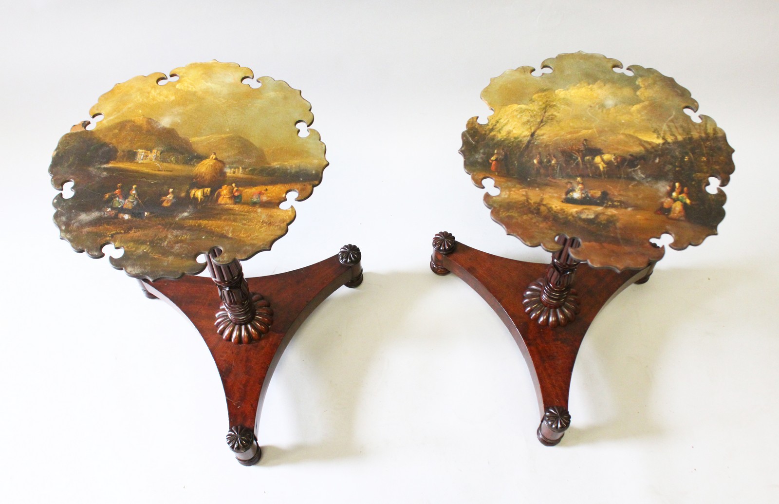 A GOOD PAIR OF VICTORIAN MAHOGANY PAPIER MACHE TOP TABLES painted with rural scenes, supported on - Image 4 of 4