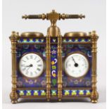 A CLOISONNE ENAMEL DOUBLE CLOCK, clock and barometer with carrying handle. 5.5ins high.