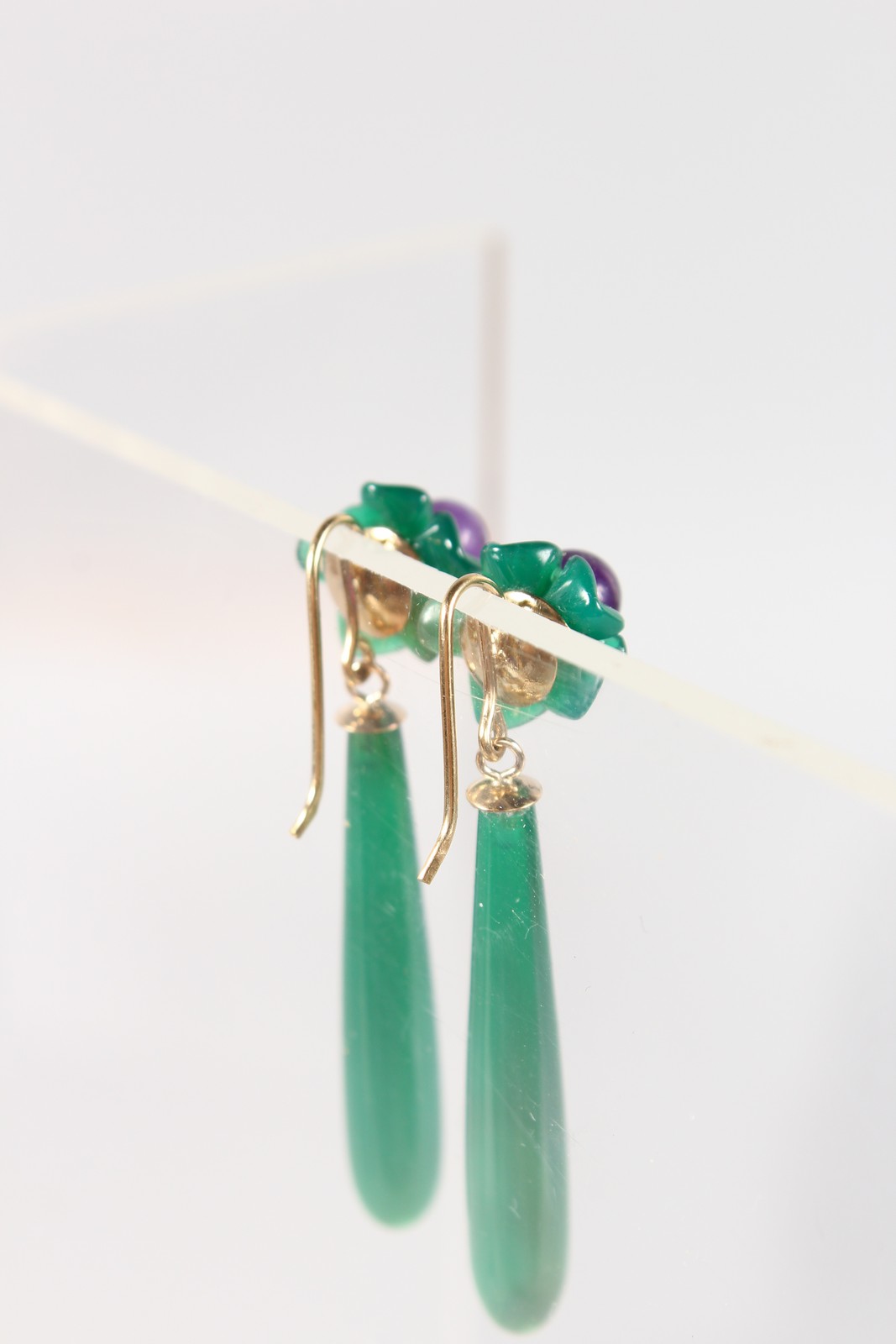 A PAIR OF 9CT GOLD, JADE AND AMETHYST DROP EARRINGS. - Image 2 of 2