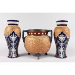 A PAIR OF ROYAL DOULTON STONEWARE BLUE AND GILT VASES, 11ins high, and a ROYAL DOULTON STONEWARE