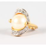 AN 18CT YELLOW GOLD, LARGE PEARL AND DIAMOND RING.