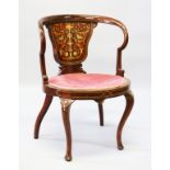 A GOOD EDWARDIAN ROSEWOOD INLAID TUB ARMCHAIR with padded seats, inlaid splats, supported on