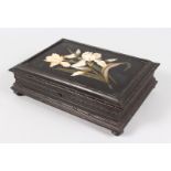 A GOOD MARBLE TOP WOODEN JEWELLERY BOX, the marble top decorated with lilies in coloured marbles.