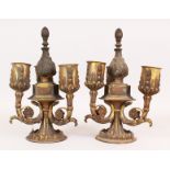 A PAIR OF FRENCH ORMOLU THREE-LIGHT CANDLESTICKS with acanthus decoration. 12ins high.