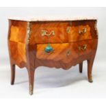 A LOUIS XVIth STYLE KINGWOOD TWO DRAWER BOMBE COMMODE with marble top, ormolu mounts, on short
