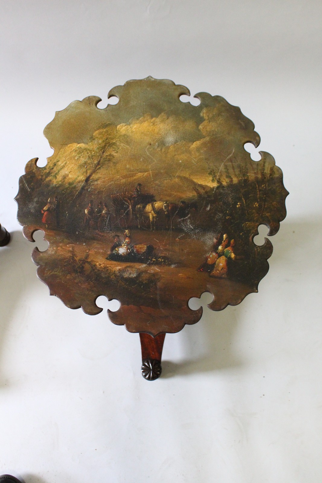 A GOOD PAIR OF VICTORIAN MAHOGANY PAPIER MACHE TOP TABLES painted with rural scenes, supported on - Image 2 of 4