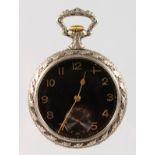 A SILVER AND BLACK ENAMEL BACKED POCKET WATCH, classical scene.