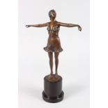 AFTER SCHMIDT-HOFER A BRONZE DANCER. Signed. 11.5ins high, on a circular marble base. 15ins