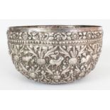 A LARGE UNUSUAL INDO-PERSIAN STYLE SILVER-METAL BOWL, with impressed Chinese character maker's marks