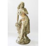 A GOOD LARGE COMPOSITION STANDING CLASSICAL FEMALE FIGURE, her hand on a flowering urn, on a