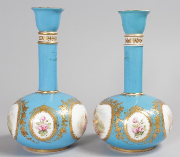 A SUPERB PAIR OF COALPORT BOTTLE VASES, with blue ground edged in gilt, painted with reverse - Image 2 of 2