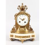 A GOOD SMALL LOUIS XVI ORMOLU AND WHITE MARBLE MANTLE CLOCK, with eight-day movement, striking on