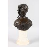 A GOOD FRENCH BRONZE OF A PRETTY YOUNG GIRL, head and shoulders, wearing a bonnet, on a circular