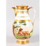 A PARIS COFFEE POT, white ground edged in gilt and painted with two panels of lions. 9.5ins high.