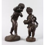 A SMALL BRONZE OF A YOUNG CUPID, pan pipes at his side, 8ins high, and A YOUNG GIRL carrying a