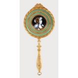 A SUPERB LIMOGES ENAMEL AND ORMOLU FRAMED HAND MIRROR with oval portrait of a young girl. Enamel