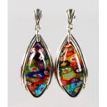 A PAIR OF SILVER MILLEFIORI DROP EARRINGS.