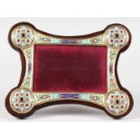 A RUSSIAN SILVER AND ENAMEL FABERGE DESIGN PHOTOGRAPH FRAME, the corners with four large roundels.