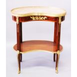 A GOOD LINKE DESIGN MARBLE TOP KIDNEY SHAPED TWO TIER TABLE with gilt gallery and mounts. 2ft 4ins