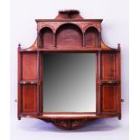A GOOD VICTORIAN MAHOGANY INLAID OVERMANTLE MIRROR with shelves, turned supports and bevelled