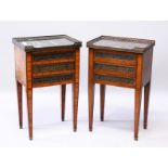 A VERY NEAR PAIR OF LOUIS XVI 19TH CENTURY PETITE COMMODES with marble tops (different), three
