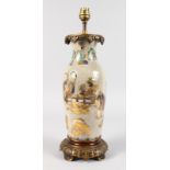 A CHINESE CRACKLE GLAZE VASE painted with figures, with gilt mounts, converted to a lamp. 14ins