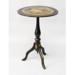 A GOOD VICTORIAN PAPIER MACHE CIRCULAR TOP TRIPOD TABLE painted with fruit. 1ft 9ins diameter.