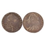 TWO GEORGE III SILVER SHILLINGS 1758 & 1787 - GF/VF.