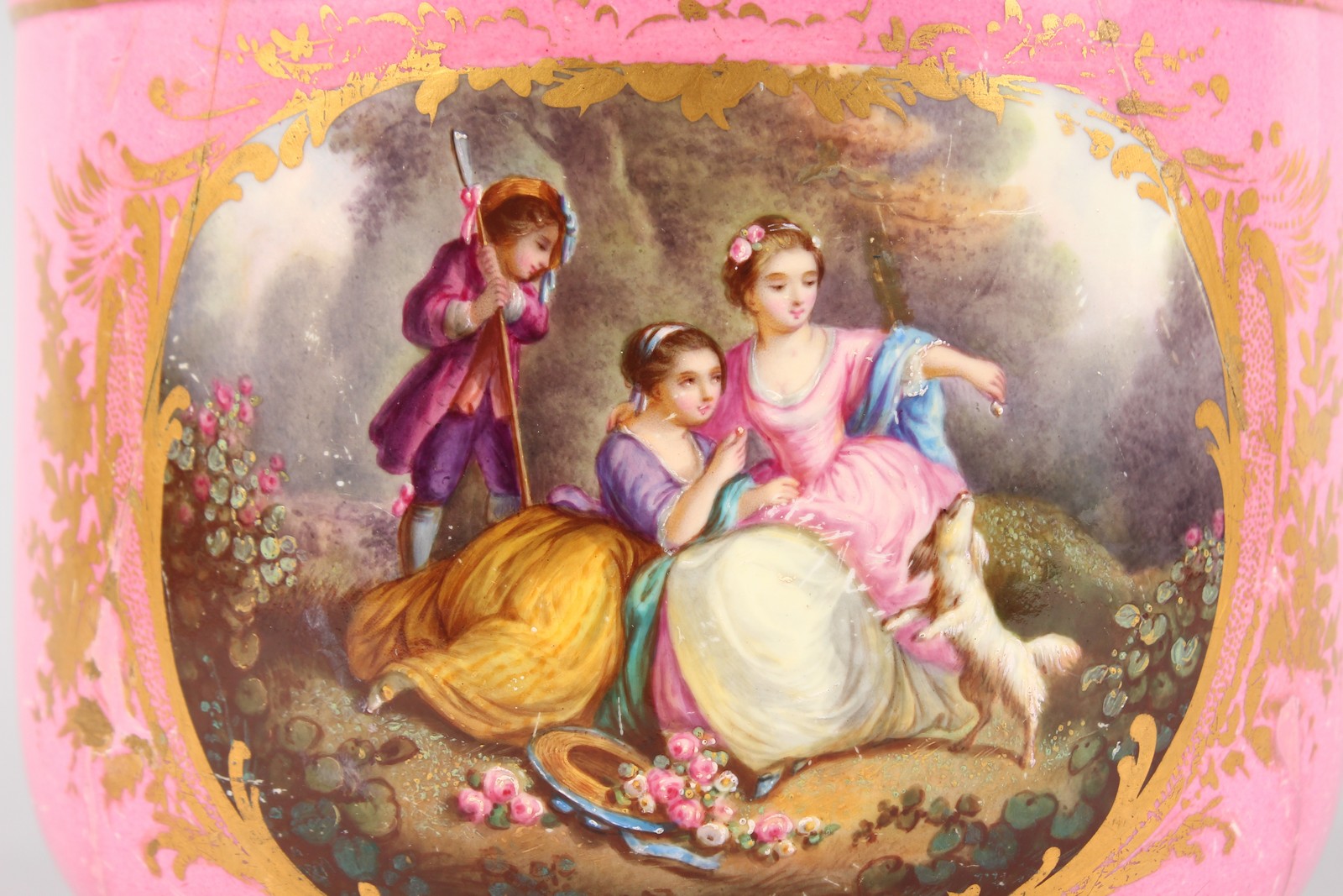 A SEVRES ROSE POMPADOUR CIRCULAR JARDINIERE painted with reverse panels of two girls, boy and dog in - Image 2 of 4