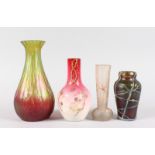 A "LOETZ" TYPE VASE, 8.5ins high, and THREE SMALL VASES.