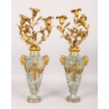 A GOOD PAIR OF 19TH CENTURY FRENCH GREY MARBLE URN SHAPED CANDELABRA with rams masks and floral