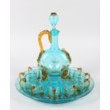A GOOD VENETIAN COLOURED GLASS LIQUEUR SET, comprising decanter engraved AL, eight beakers and