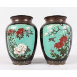 A PAIR OF JAPANESE MEIJI PERIOD CLOISONNE VASES, decorated with panels of foliage, 5.9in high.