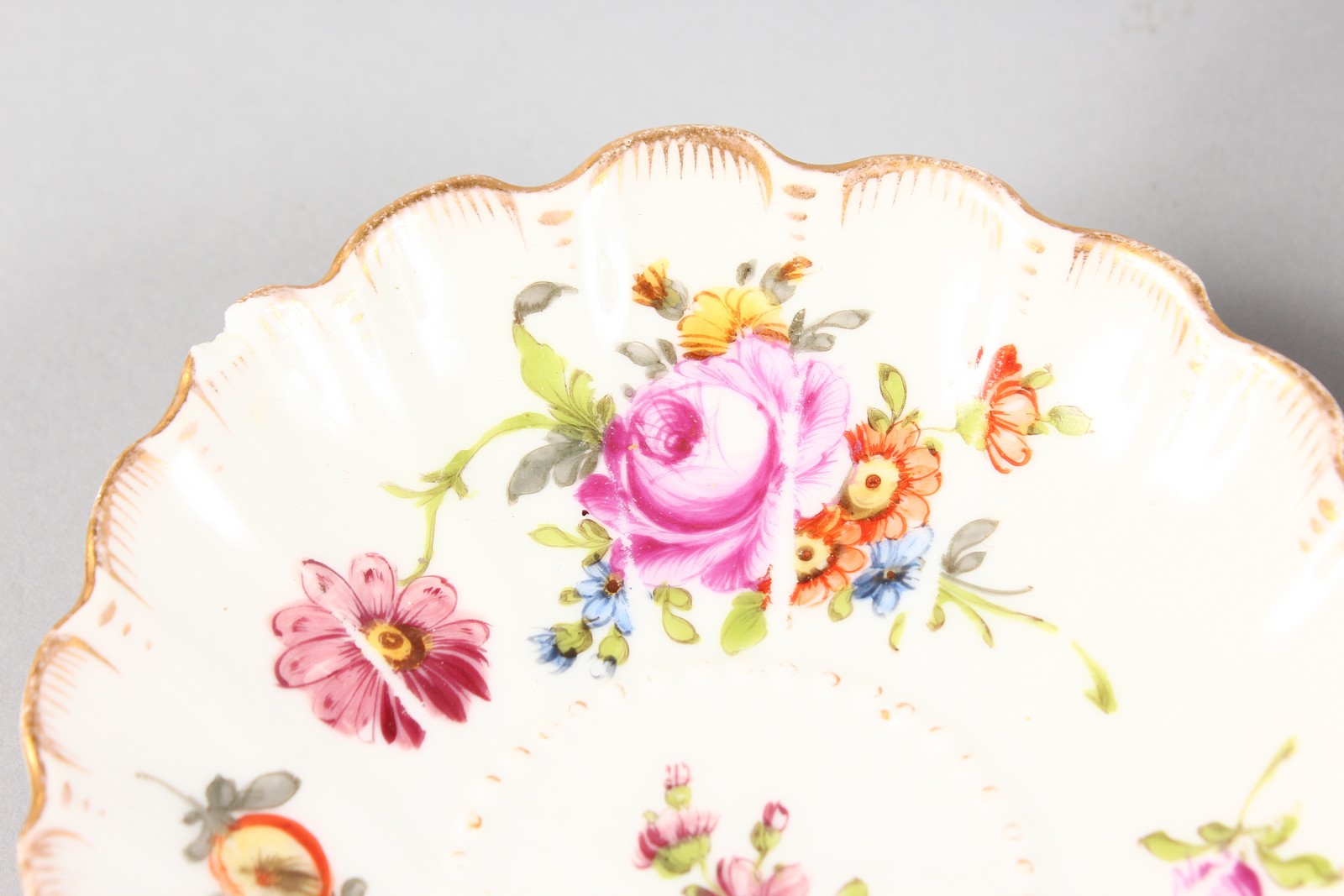 THREE SMALL DRESDEN SHELL DISHES painted with flowers. 5ins. - Image 2 of 3