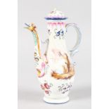 AN ITALIAN POTTERY JUG with bird spout, painted with figures and flowers. Mark VP joined. 7ins